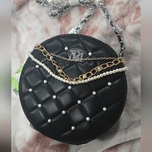 BAGLEY MISHKA Black Quilted Drum Bag with Pearl and Gold Chain